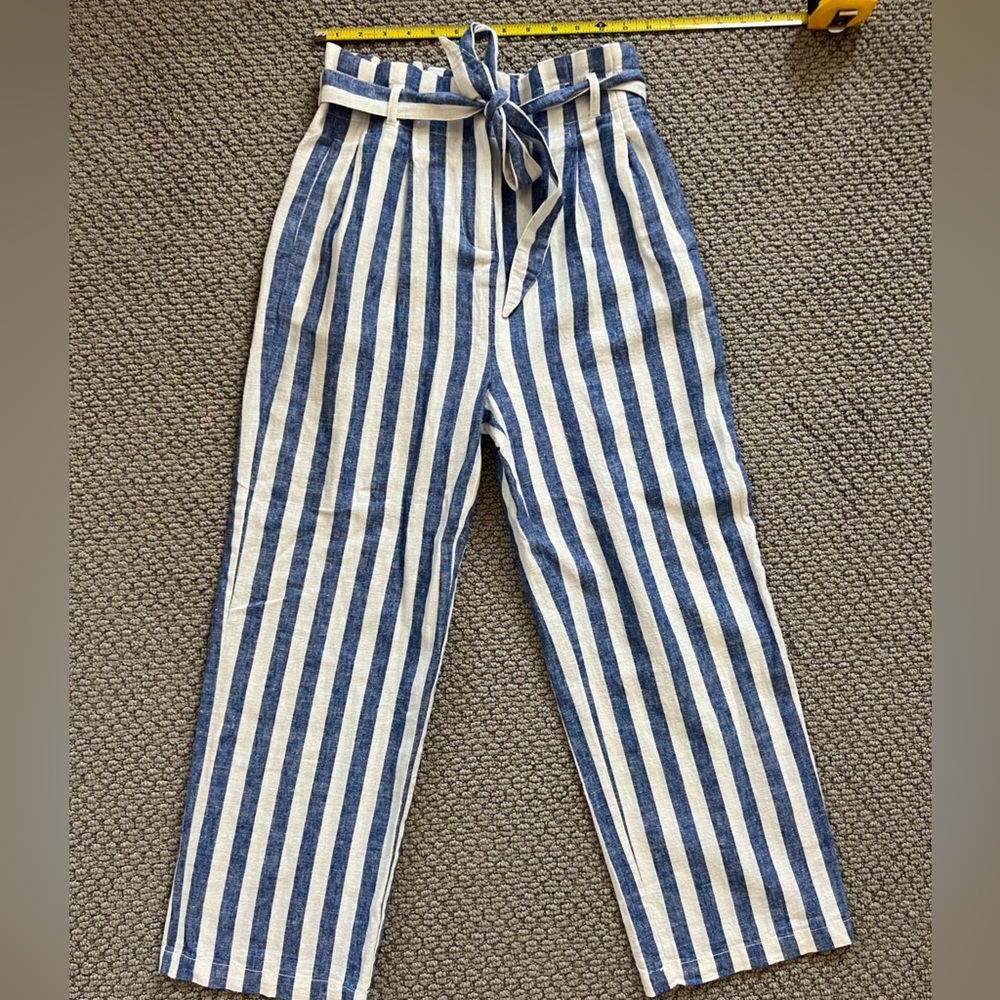 J. Crew Navy & White Striped Linen Pants with Tie Waist Womens size zero NWT